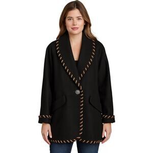 Lorovi Vintage Black Wool Blend Coat w/ Genuine Suede Whipstitch Trim – M (USA)